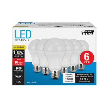 Feit Electric 3929445 100 Watt Equivalence 16 Watt 1500 Lumen A19 A-Line LED Bulb; Daylight - Pack Of 6